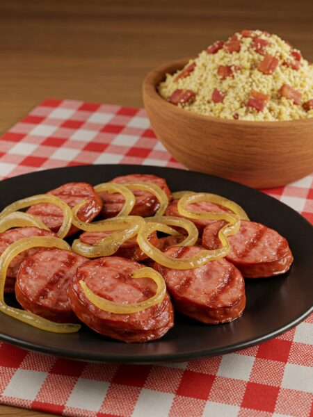Linguiça Acebolada com Farofa