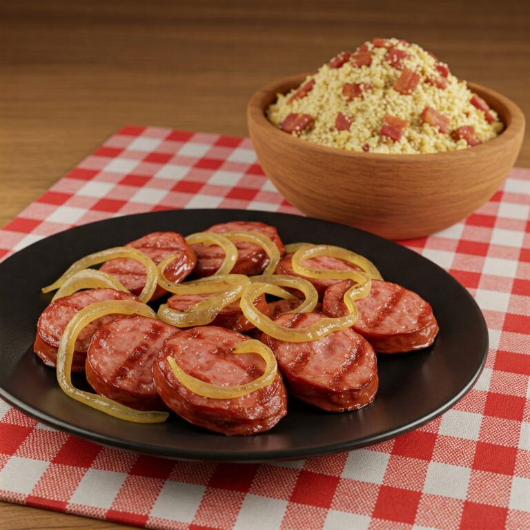 Linguiça Acebolada com Farofa