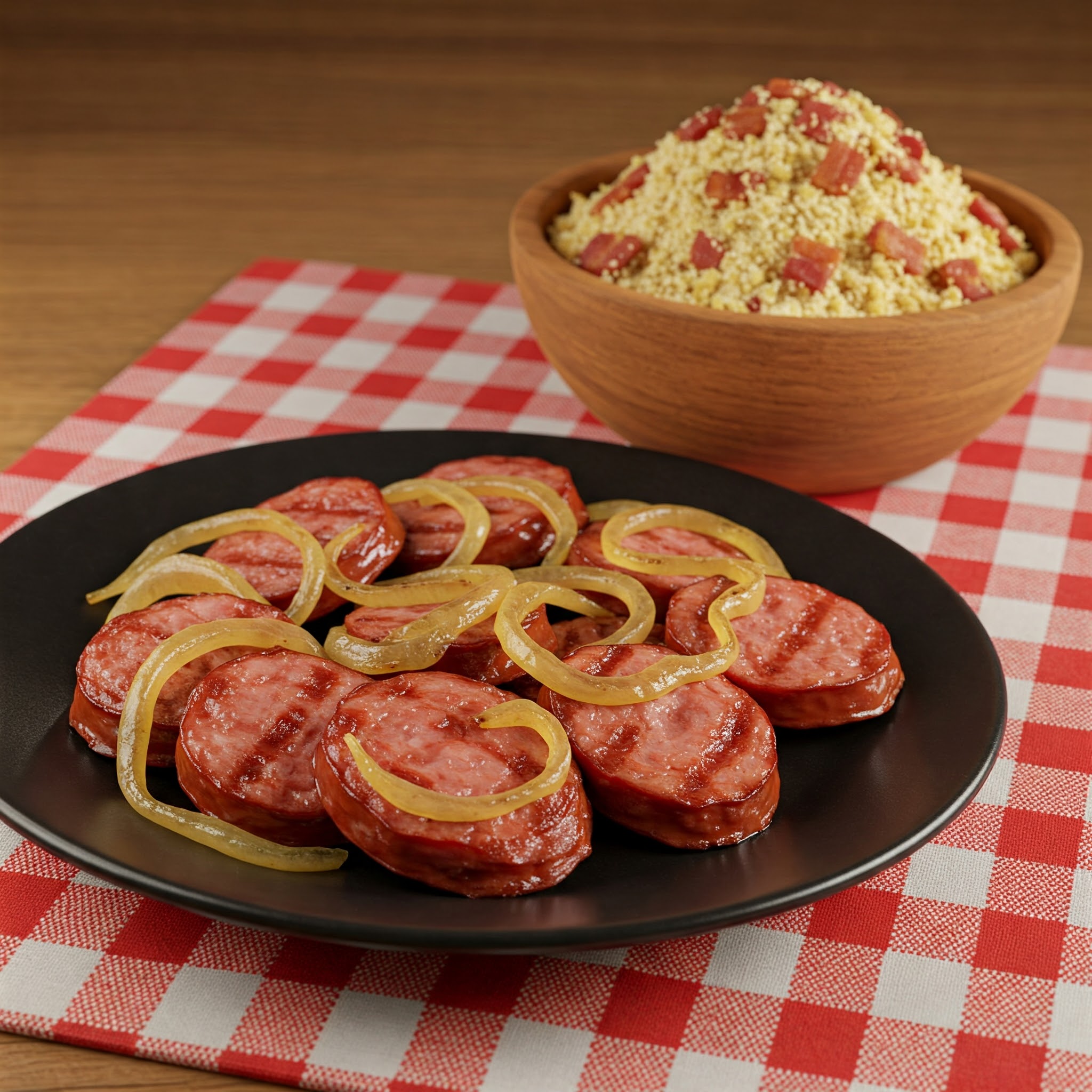 Linguiça Acebolada com Farofa