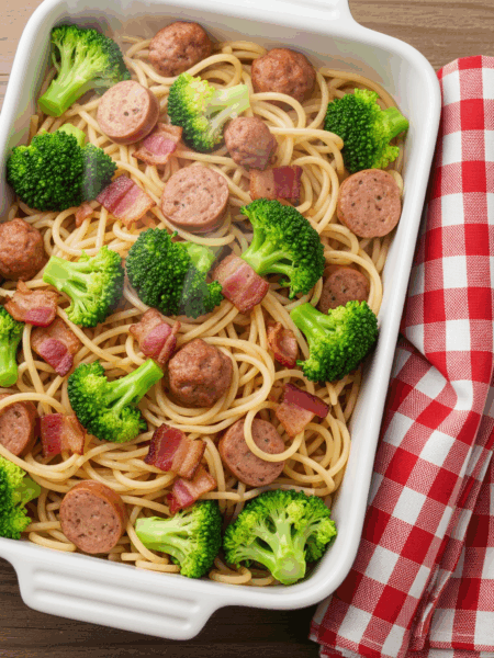 Macarrão com Brócolis, Linguiça e Bacon