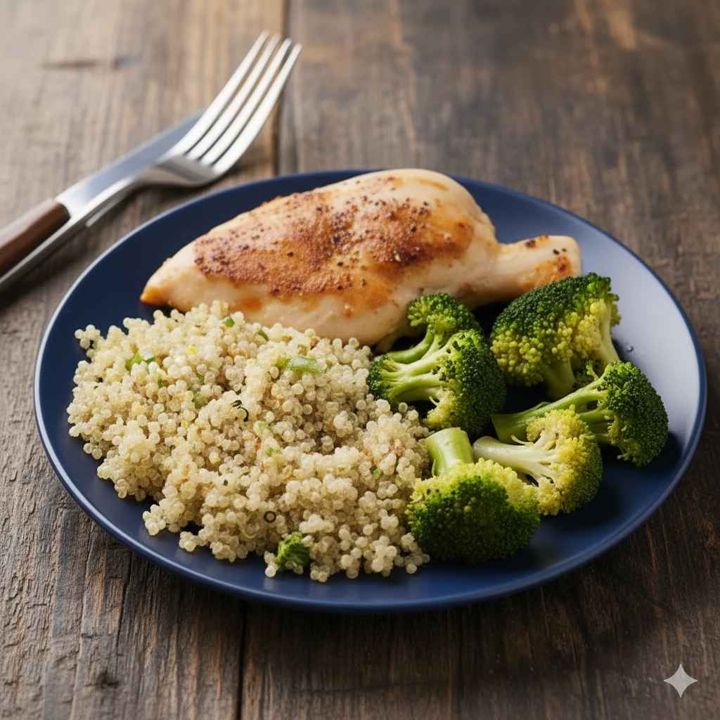 Quinoa com Frango Desfiado e Brócolis