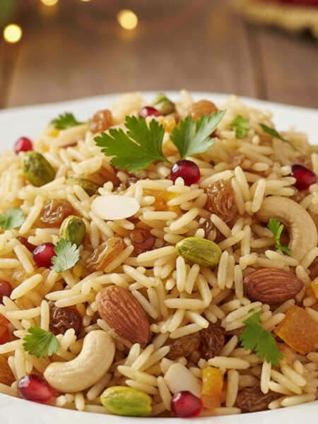 Arroz natalino com frutas secas e castanhas