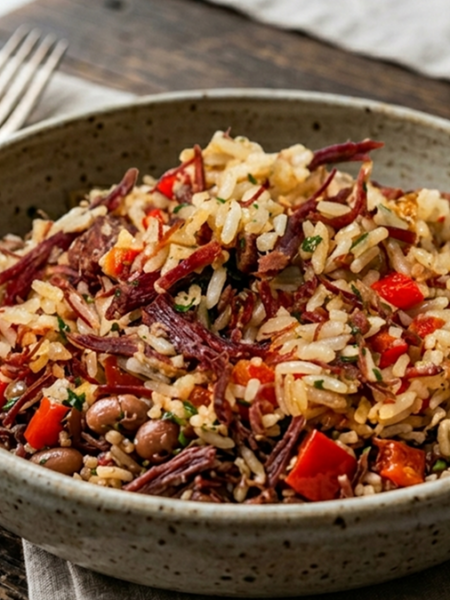 Arroz com carne seca desfiada