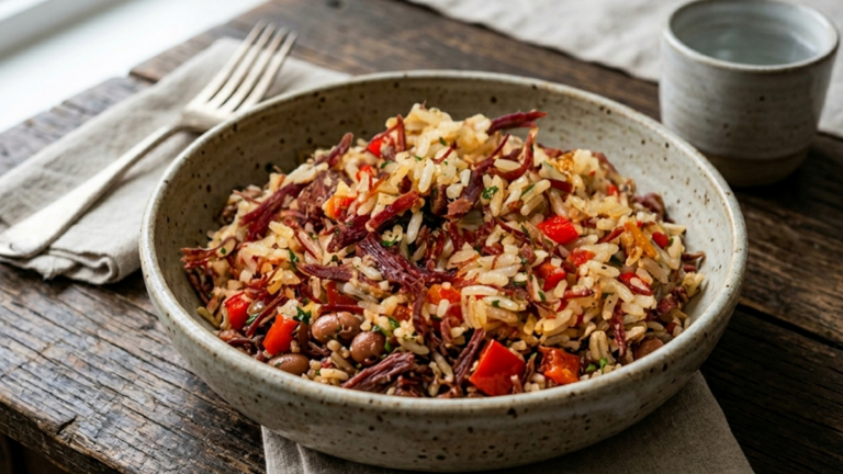 Arroz com carne seca desfiada