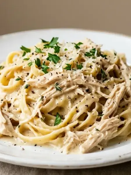 Macarrão com frango desfiado cremoso em prato branco com molho encorpado