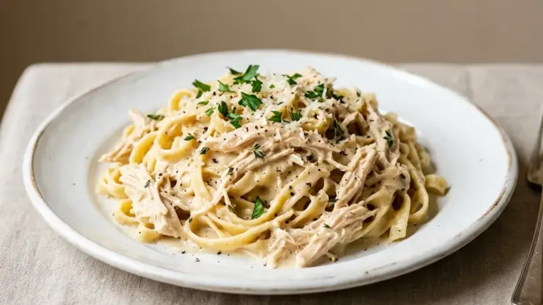 Macarrão com frango desfiado 1 Macarrão com frango desfiado cremoso em prato branco com molho encorpado