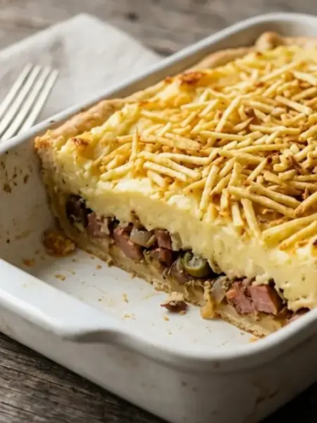 Torta de salsicha com purê cremosa e fácil