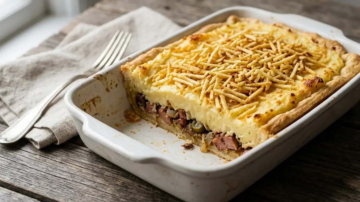 Torta de salsicha com pure cremosa e facil
